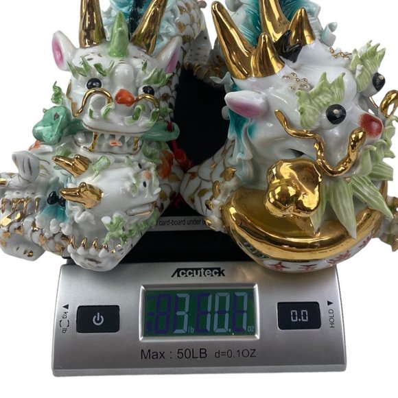 Vintage Porcelain Foo Dogs Asian Temple Guardian Lion Teal w/ Gold Tone Accents - Picture 7 of 7